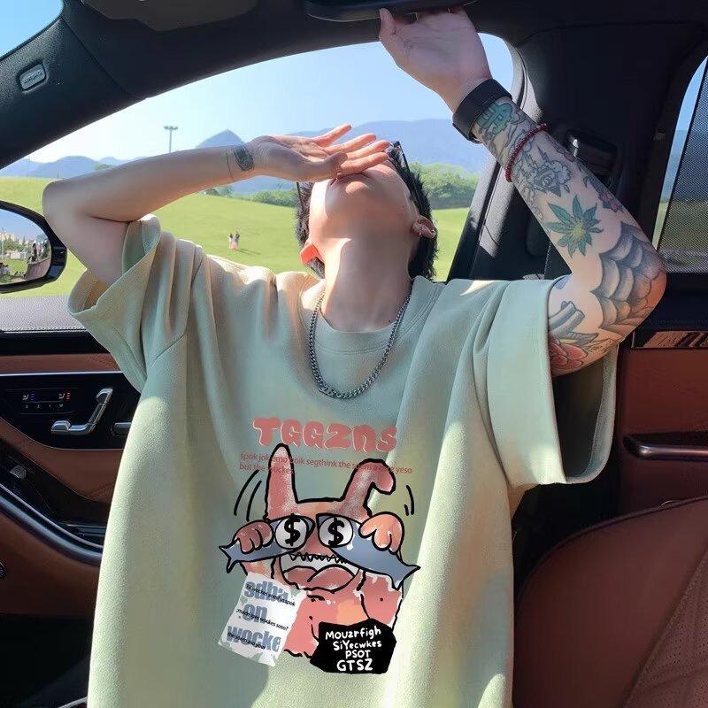 Men's Black Cartoon Monster Dollar Eye Print Oversized Short Sleeve T-Shirt Casual Streetwear Top