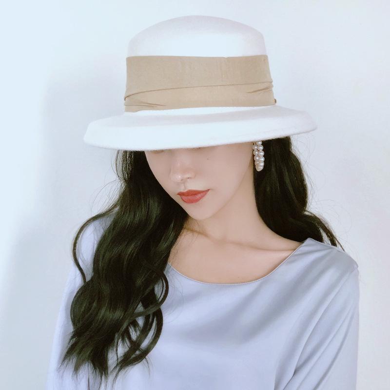 White Wool Elegant French Retro Japanese Hepburn Bell-Shaped Basin Hat Women'S Autumn And Winter British Foreign Trade Fisherman'S Top Hat