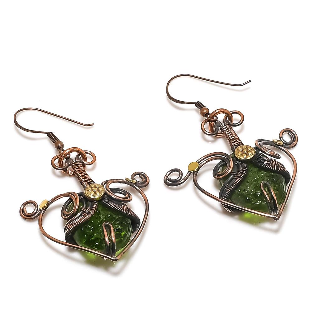 Moldavite Earrings, 999 Copper Wire Wrapped Gemstone Jewelry, Handmade  Earrings For Mother Day