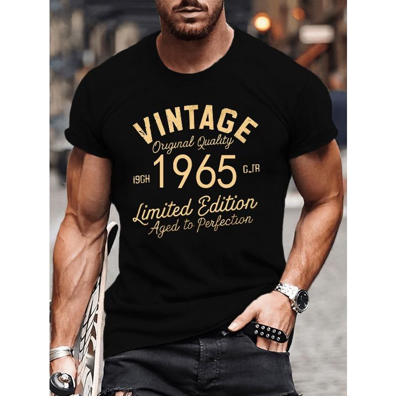 European sizes 1965 Vintage Letter Print Crew Neck Short Sleeve Men's Casual & Trendy T-shirt for Summer