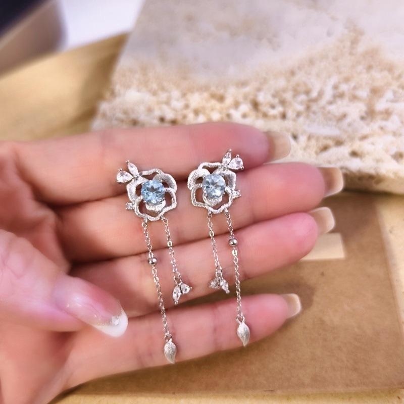 S925 sterling silver brushed craft stud earrings women s rose wreath fringed natural crystal stone earrings 925 silver