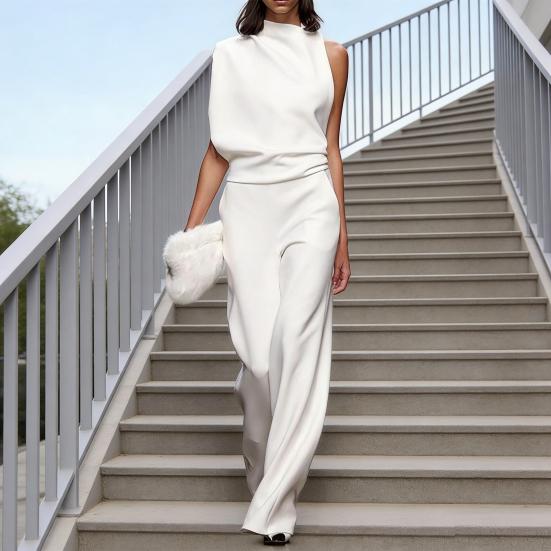 One Piece Jumpsuits for Women Casual Sleeveless Mock Neck Wide Leg Rompers Summer Ruched Vacation Outfits with Pockets