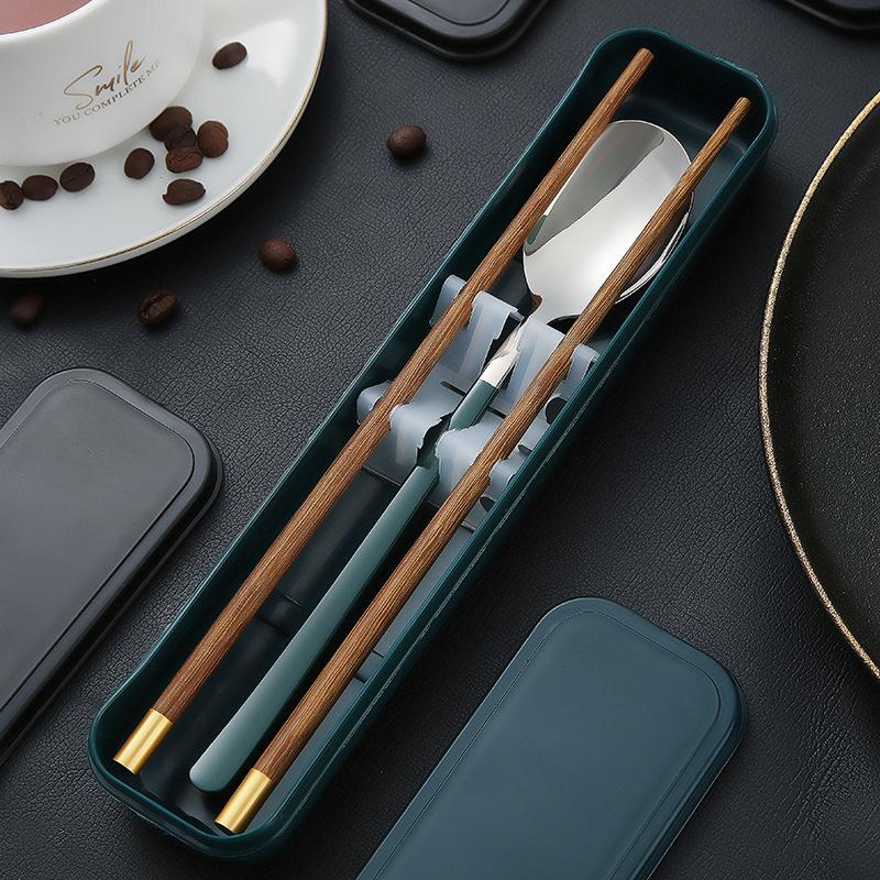 Chopsticks spoon set, one chopstick per person, portable tableware, student storage box, fork, single wooden chopsticks three-piece set