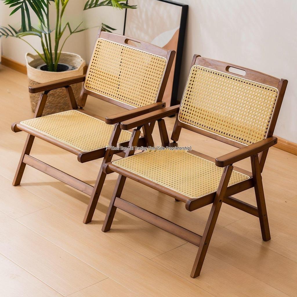 Vintage Style Portable Foldable Rattan Chair with Backrest for Home, Balcony, and Outdoor Leisure