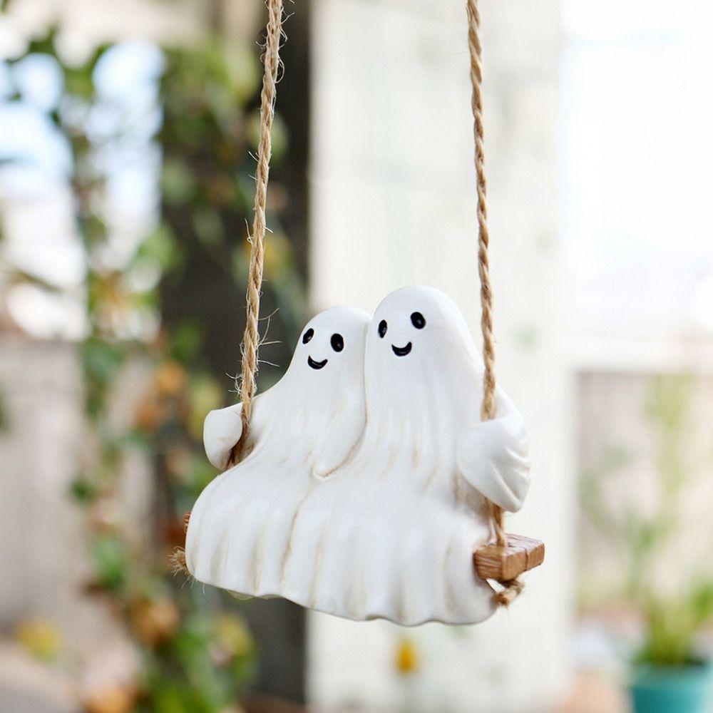 Cute Swinging Ghost Couple Ornament Aesthetic Ghost Swing Decoration Ghost Statue Pendant  Tree