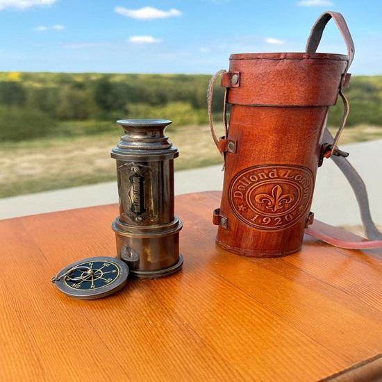 

Brass Telescope Compass Set: Nautical Decor with Leather Case