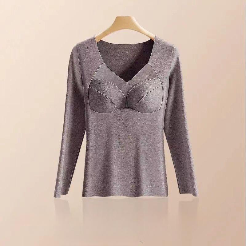 Women's Velvet Underwear with Chest Pad Autumn Winter Base Shirt Long Sleeve Thermal Underwear