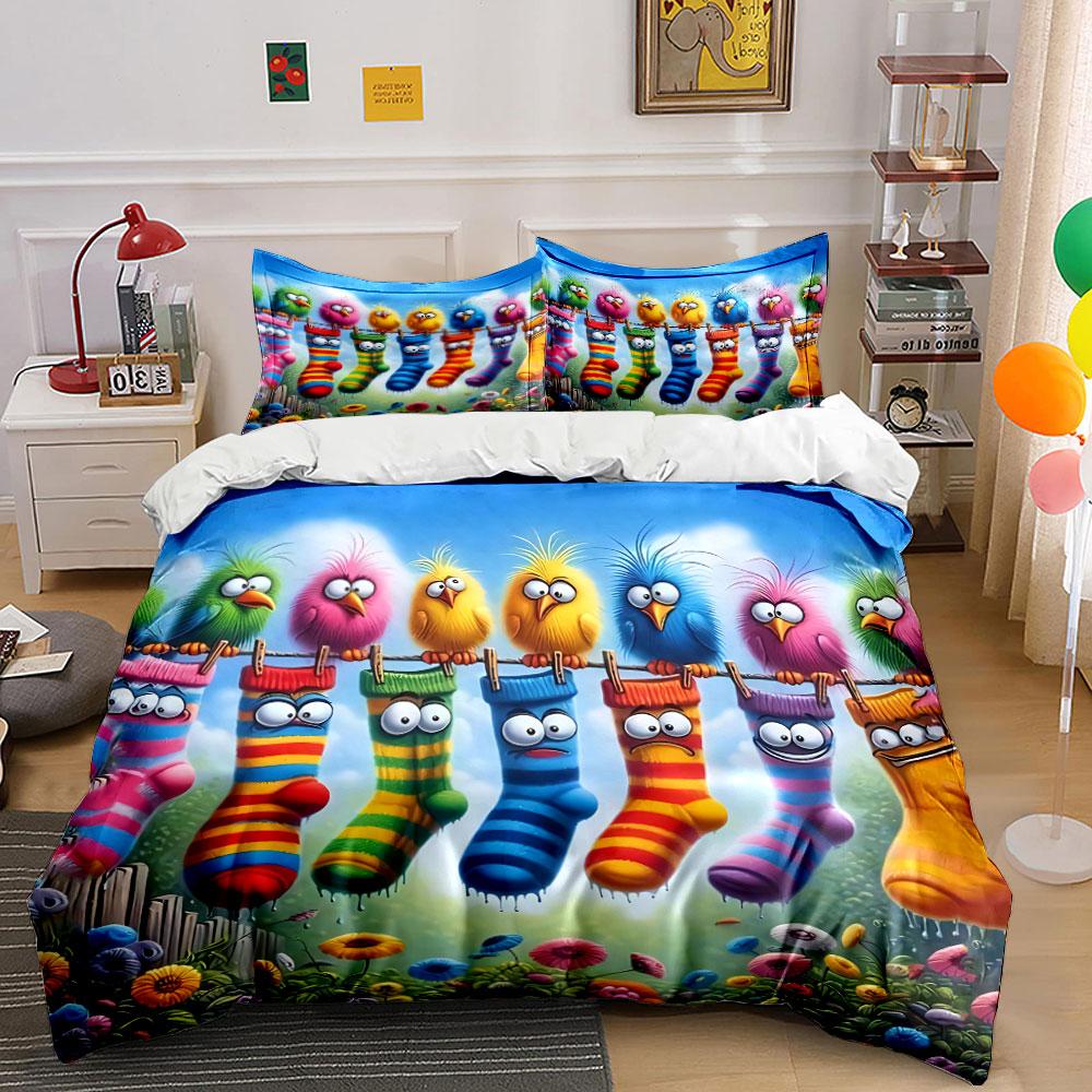 Colorful Cartoon Socks Decor Set Soft Comfortable Duvet Cover Bedding Set Included 1*Duvet Cover & 2*Pillowcases, Gift