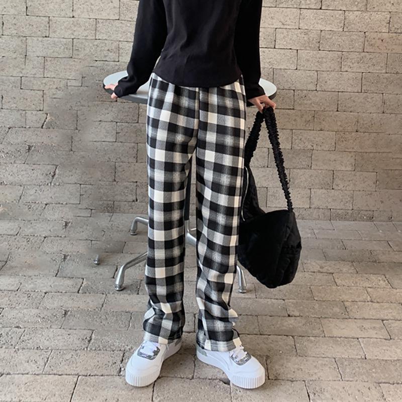 Women's High-Waist Black & White Plaid Wide-Leg Pants - Slim, Versatile, Casual, Loose, with Velvet, Ideal for Autumn and Winter