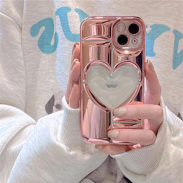 Luxury Love Heart Plating Phone Case For iPhone 14 Plus 15 12 11 13 Pro Max Clear Hollow Display Hole Shockproof Soft Back Cover