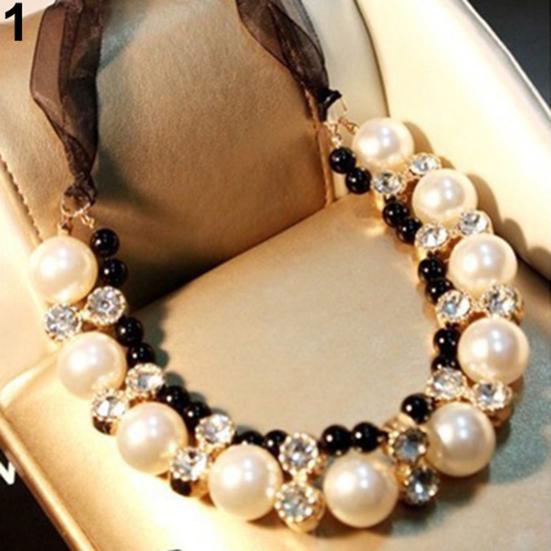 Kvinner mote dobbel rad Faux Pearl Justerbar Ribbon Chain Choker halskjede