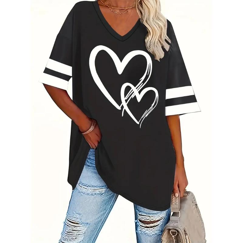 Plus Size Heart & Stripe Print T-Shirt Casual Short Sleeve Top For Spring & Summer Women's Plus Size Clothing
