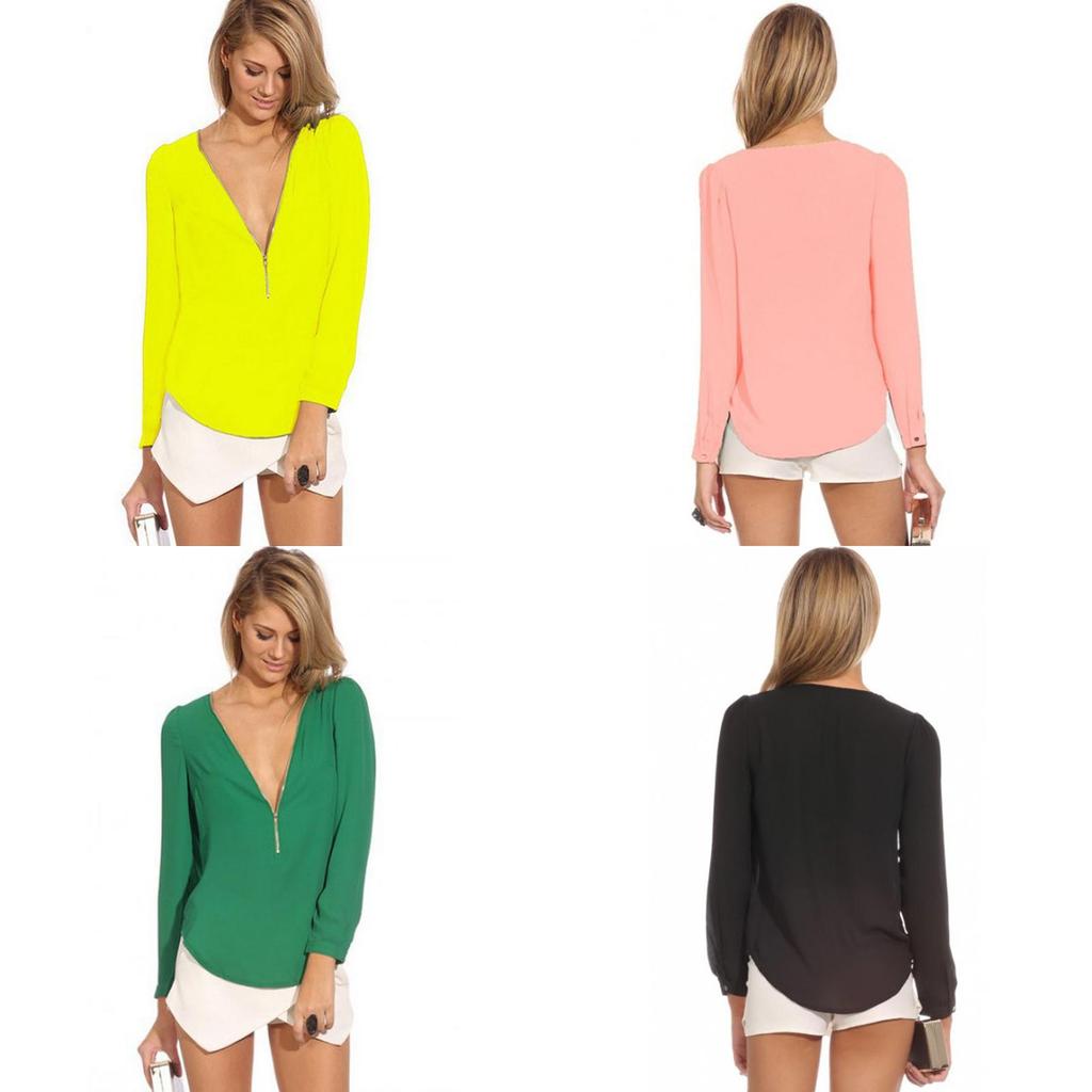 Elegant Women's Fashion Casual Autumn Blouse With V Neck And Long Sleeves Zipper Top