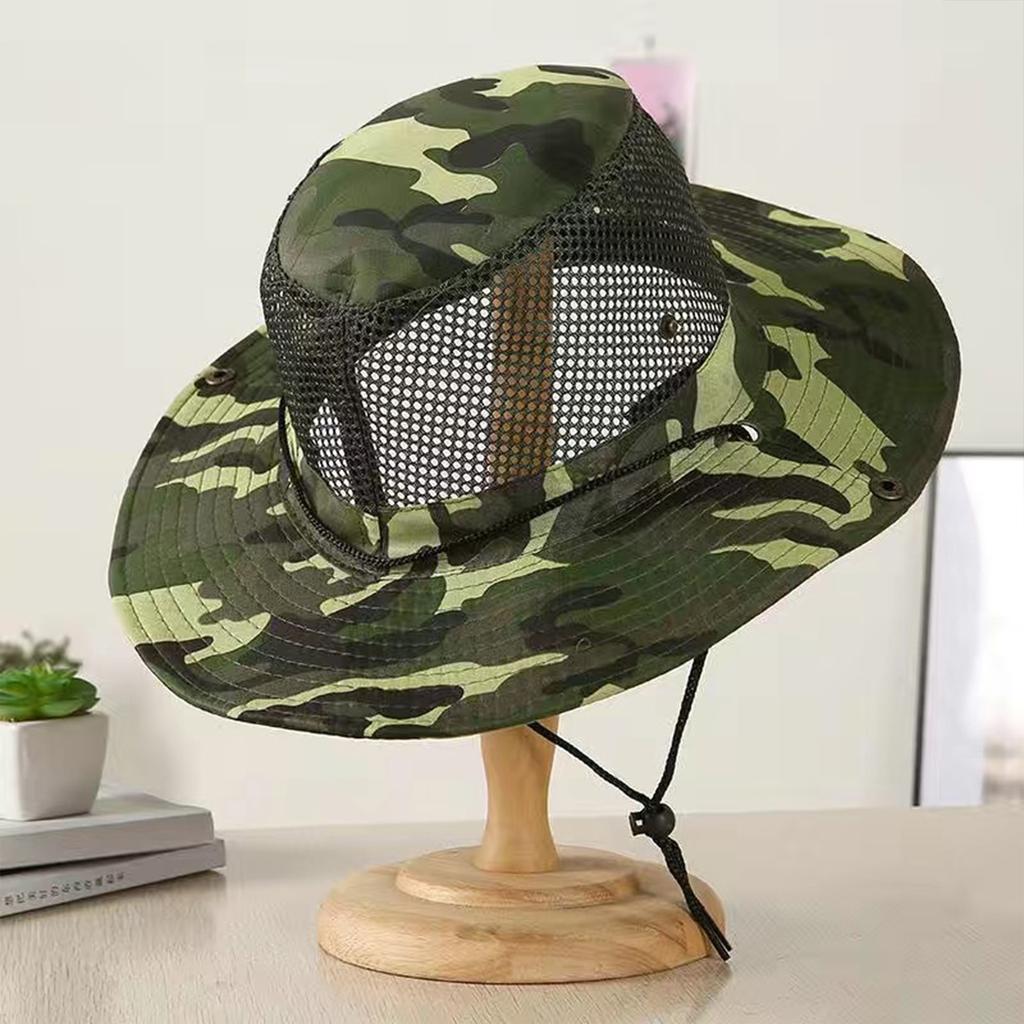 Breathable Wide Brim Bucket Hat With Drawstring, Sun Protection Windproof Mesh Camo Fishing Hiking Outdoor For Men