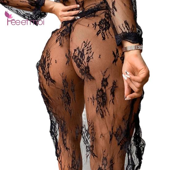 Lady Nightdress Lace Open Front Up Two Piece Transparent Floral Lace Sexy Nightdress Panties Set