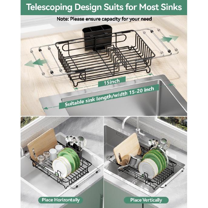 Expandable Dish Drying Rack for in-Sink, Over-Sink, and Counter Use, Dish Drainer with Removable Cutlery Holder, Space Saving & No Assembly Needed