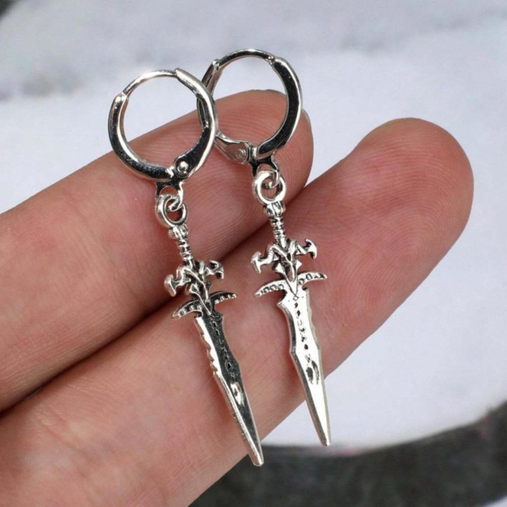 Y2K Punk Sliver Color Sword Pendant Hoop Earrings for Men Women Personality Hip Hop Street Couple Dangle Earrings Jewelry Gifts