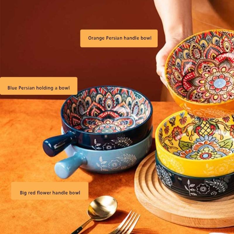 Bohemians Ceramic Handled Soup Bowl Serving Bowl Suitable for Oven and Microwave Safe Use Easy Cleaning Dishwasher Safe