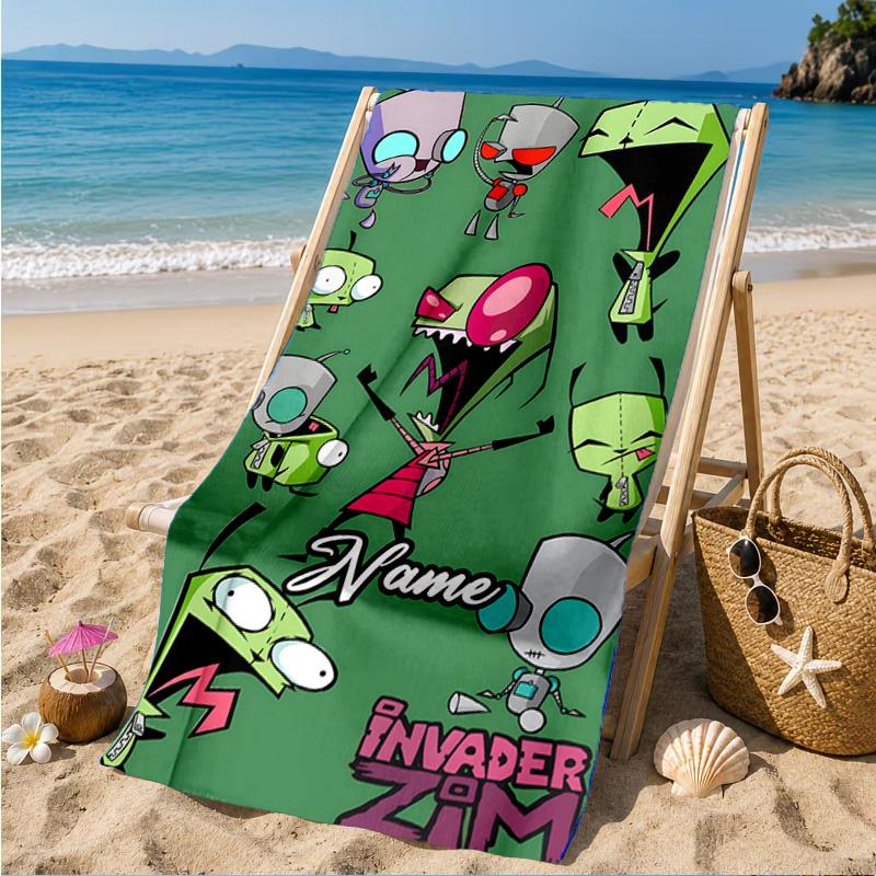 Custom Name Alien Expressions Collection Heart In Space Adventure Microfiber Beach Towel, Lightweight for Summer Travel, Swimming Pool Fan Gift