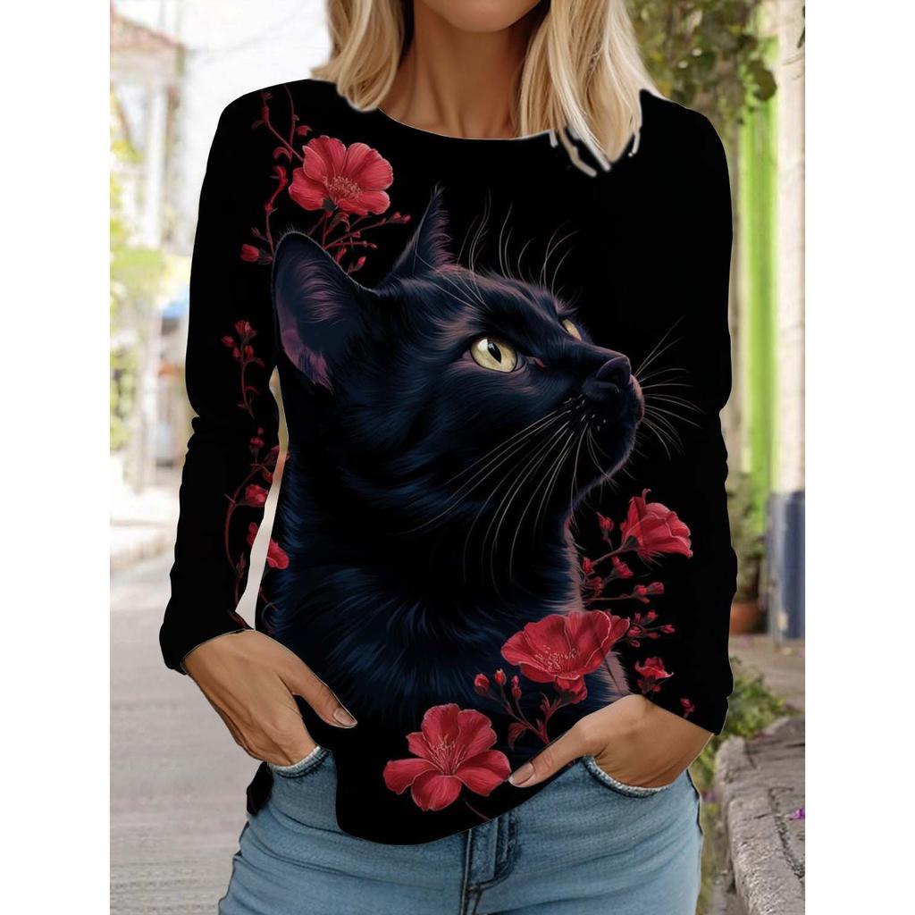 Christmas Cute Cat Women's Long Sleeve T-Shirt Autumn Animal Clothing Holiday Fashion Party T-Shirt