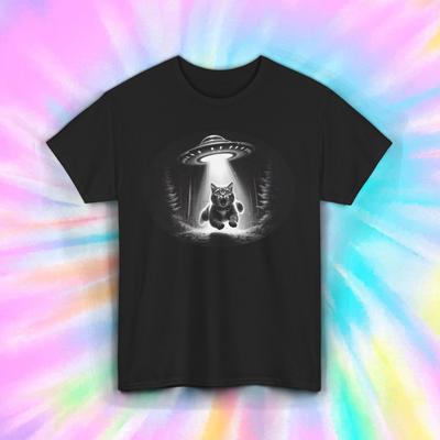 UFO Cat Abduction Shirt Funny Alien Spaceship Forest Beam Pet Humor Tee S-4xl