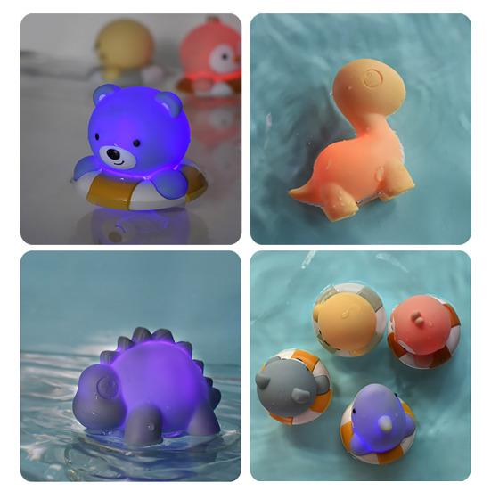4Pcs Animals LED Light Up Bath Toy Swimming Water Soft Rubber Float Induction Luminous Penguin Dinosaur Fun