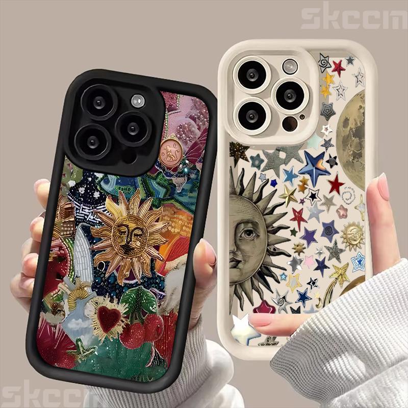 Retro Style Face Sun Stars Silicone Phone Case For iPhone 16 15 14 13 12 11 Pro Max 16E 7 8 Plus X XS XR Shockproof Soft Cover