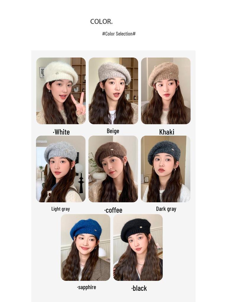 Women's Korean Style Woolen Beret: Versatile, Solid Color, Knitted, Warm, Windproof, with Metal Label for Autumn and Winter