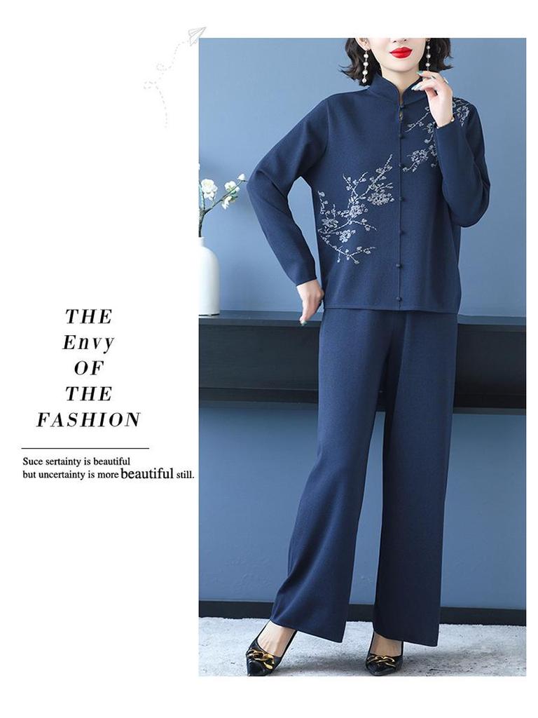 Herbst 2025 Damen Lässiges Strick Zweiteiler-Set: Lässiges Oberteil & Weitbeinige Hosen für Mütter mittleren Alters