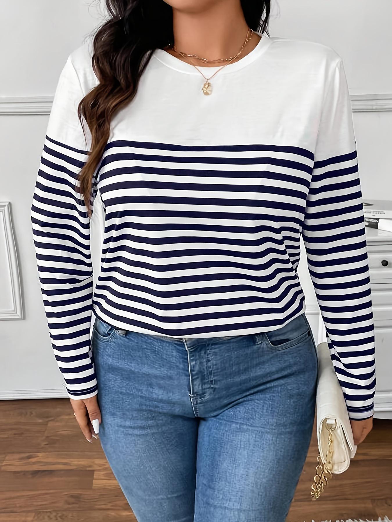2026 Spring/Summer Elegant Striped Women s Long-Sleeved Top 2XL темно-синий