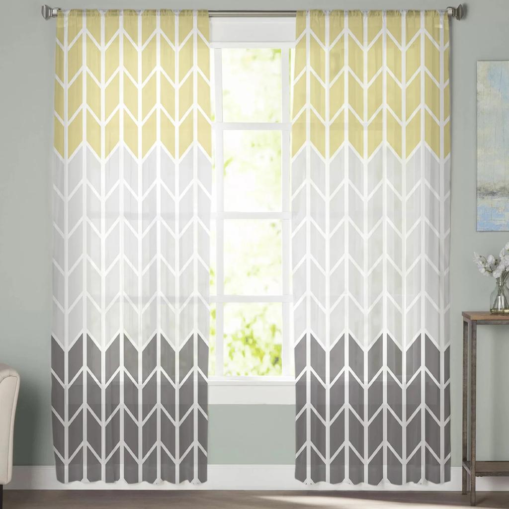Geometric Yellow Gray Sheer Curtains For Living Room Bedroom Tulle Window Drapes For Kitchen Decoration