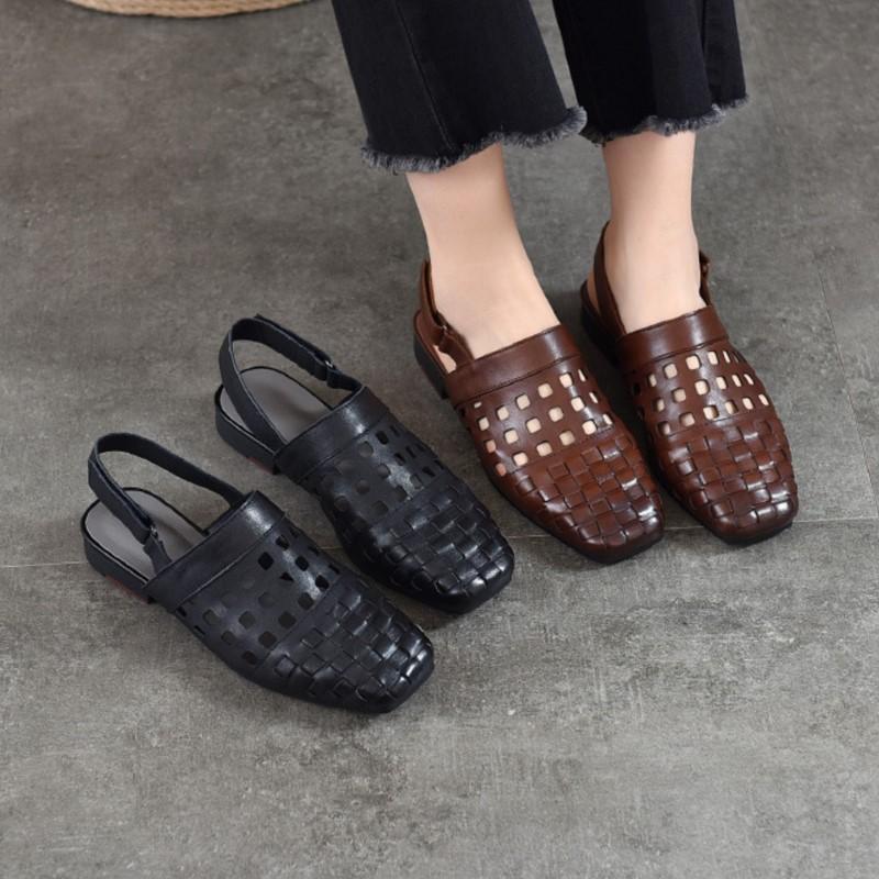 Johnature Real Leather Low Heel Sandals Woven Hollow Out Versatile Square Toe Commuting Women's Shoes