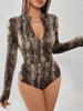 2024 Leopard Print Sexy Zipper Bodysuit - Women's Long-Sleeve