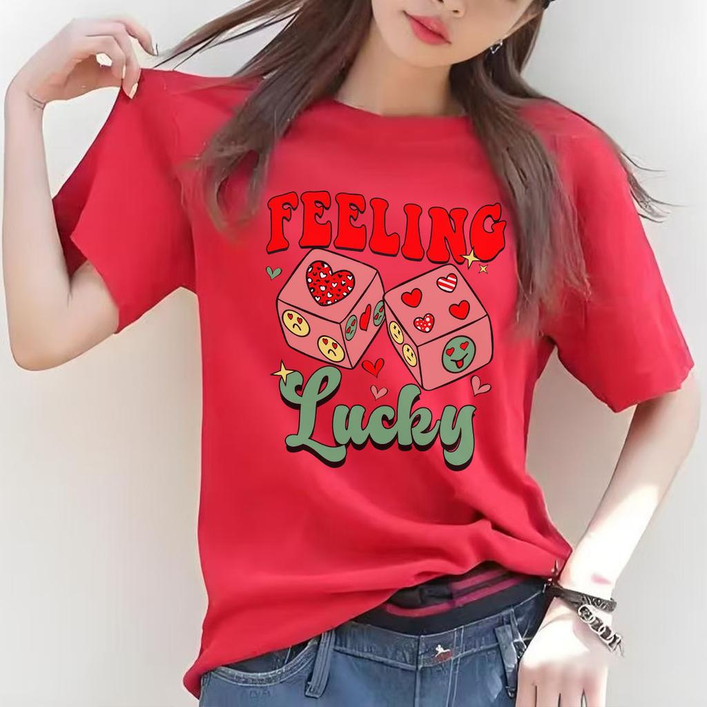 Lucky Points Fashion Printed Pattern Daily Tshirt Short Sleeve Round Neck Versatile Womens Tshirt