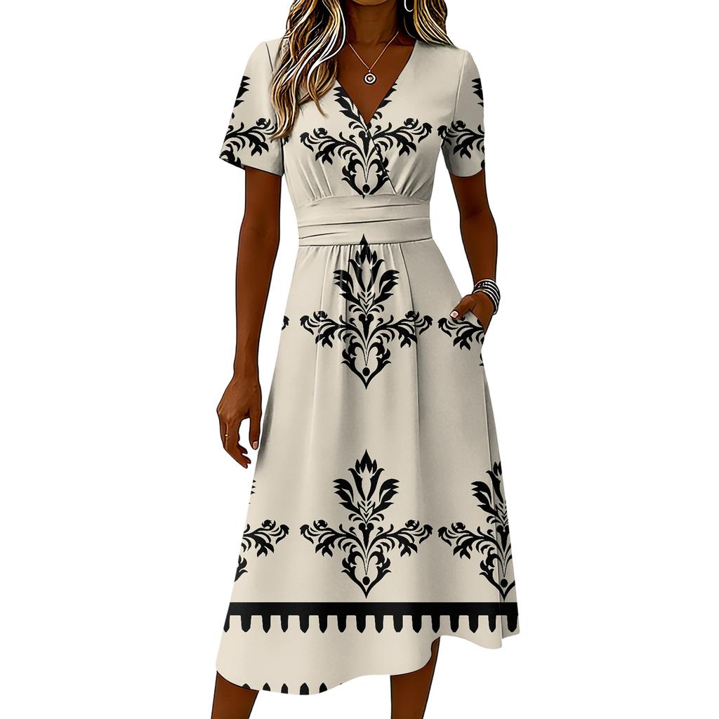 Ladies' Floral Casual Fashionable Short Sleeved V-neck Dress