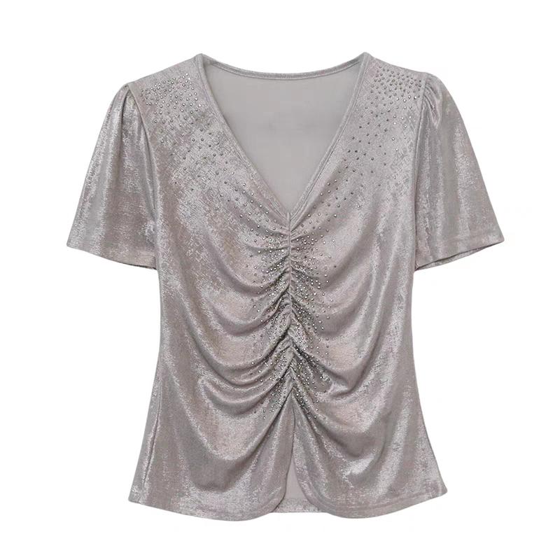 Tricou de vară sexy cu gât în V, streetwear, pentru femei, șic, de lux, cu diamante fierbinți, slim, topuri elegante cu mânecă scurtă