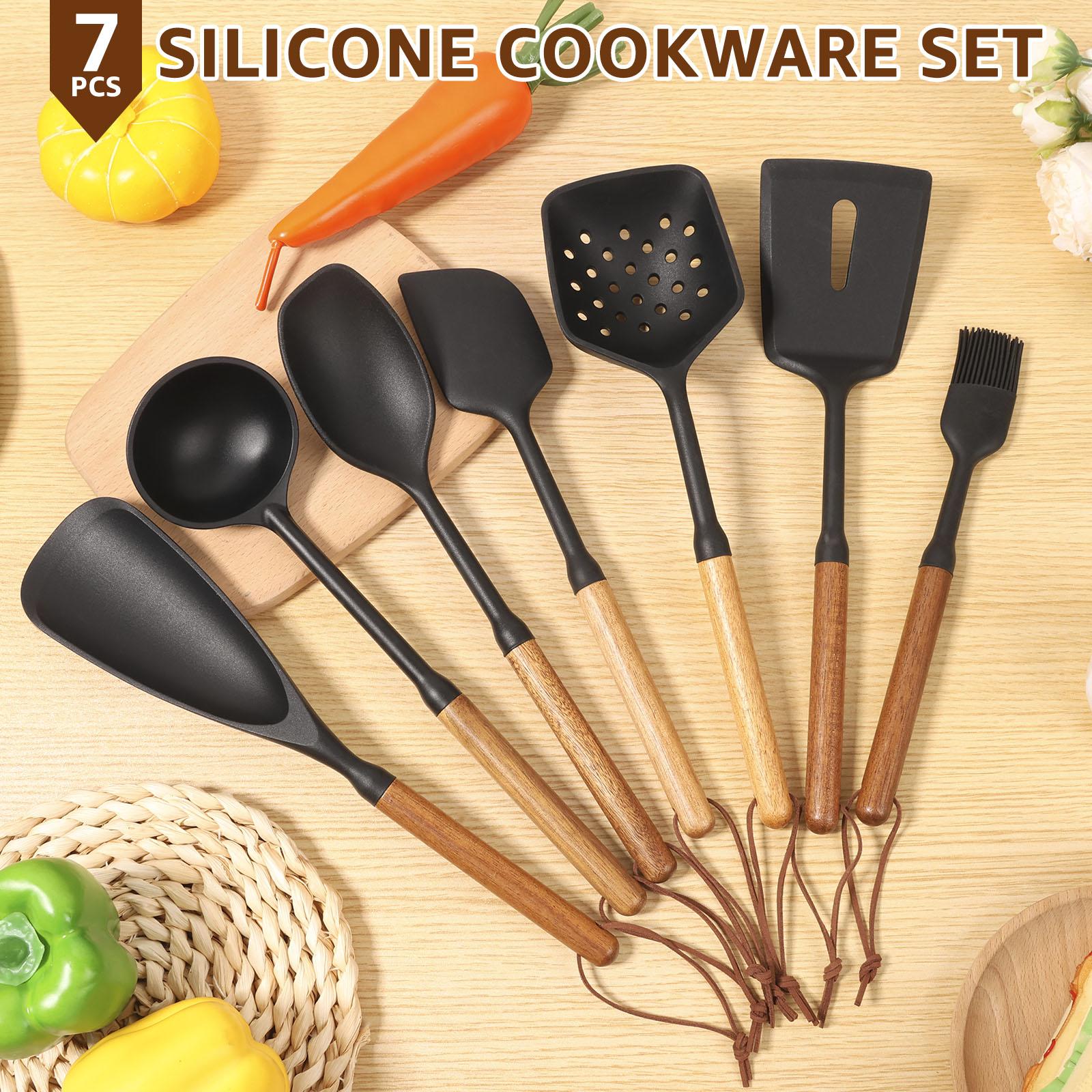 

7Pcs Kitchen Utensil Set Silicone Cooking Utensil with Wood Handle Spatula,Turner Tongs, Spoon, Brush,Kitchen Gadgets Cookware