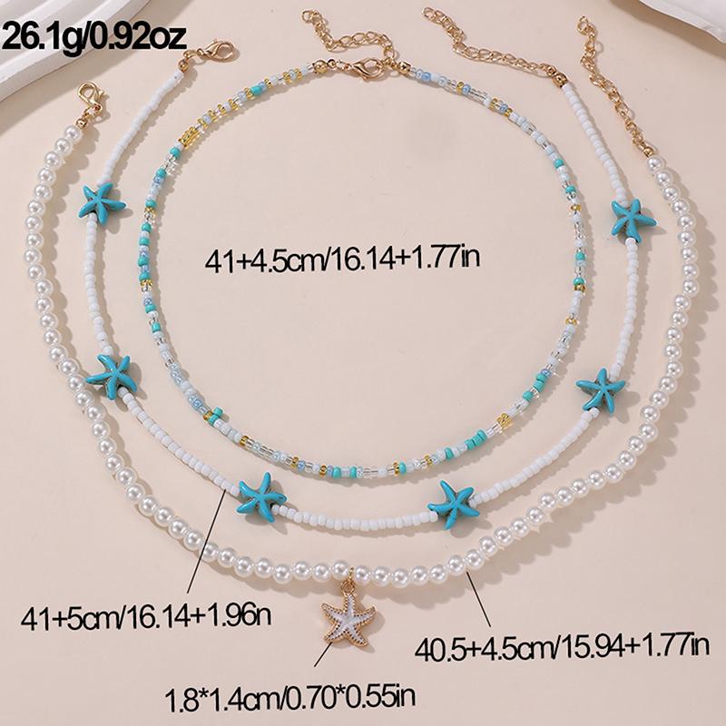 Bohemian Multilayer Rice Bead Chain Clavicle Necklace Vintage Acrylic Turtle Starfish Shell Pendant Choker Women'S Beach Jewelry