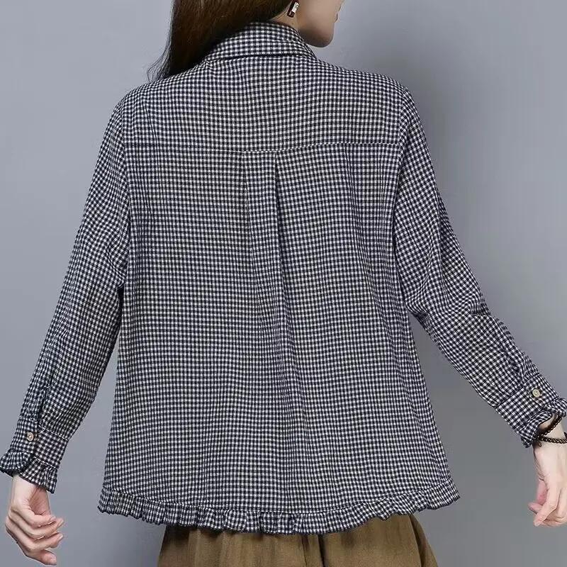Spring Autumn Women's Shirt Casual Turn Down Collar Long Sleeve Loose Plaid Blouse