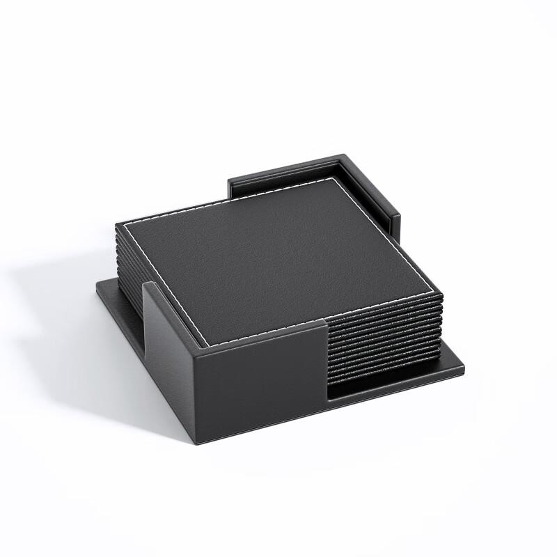 Набор черных квадратных кожаных подставок MOLUONA из 12 штук с держателем