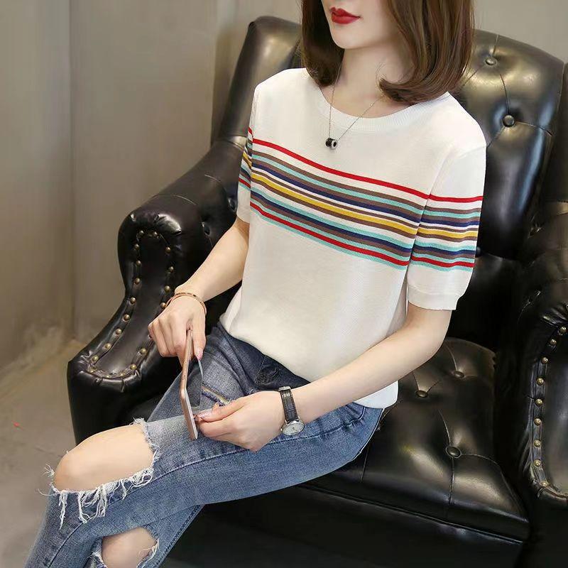 

Футболка с короткими рукавами из шелка с радужными полосками, утягивающая короткая футболка, новый китайский стиль 2XL белый