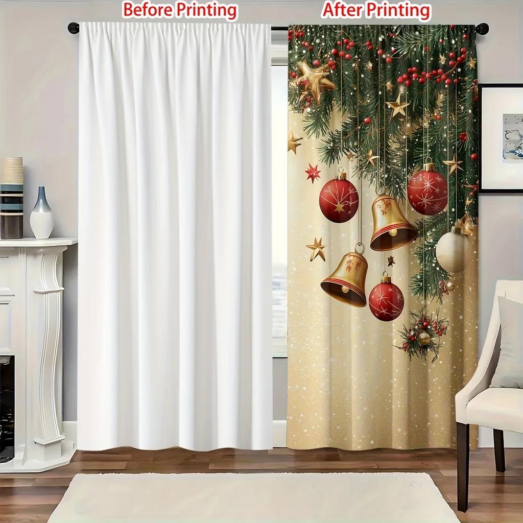 2PCS Christmas Curtains Golden Bell Xmas Ball Pine Branch Snowflake Digital Print Drapes for Living Room Bedroom Holiday Decor