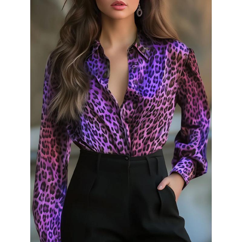 2025 Spring Leopard Print Satin Casual Loose Button-Up Shirt for Women