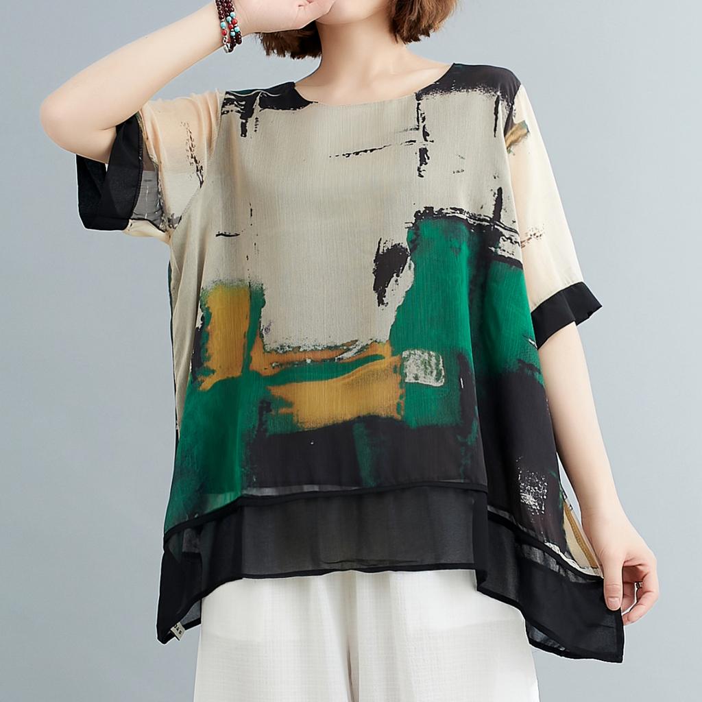 DIMANAF 2025 Summer Short Plus Size T-Shirt Women Short Sleeve Loose Chiffon Printing Shirts