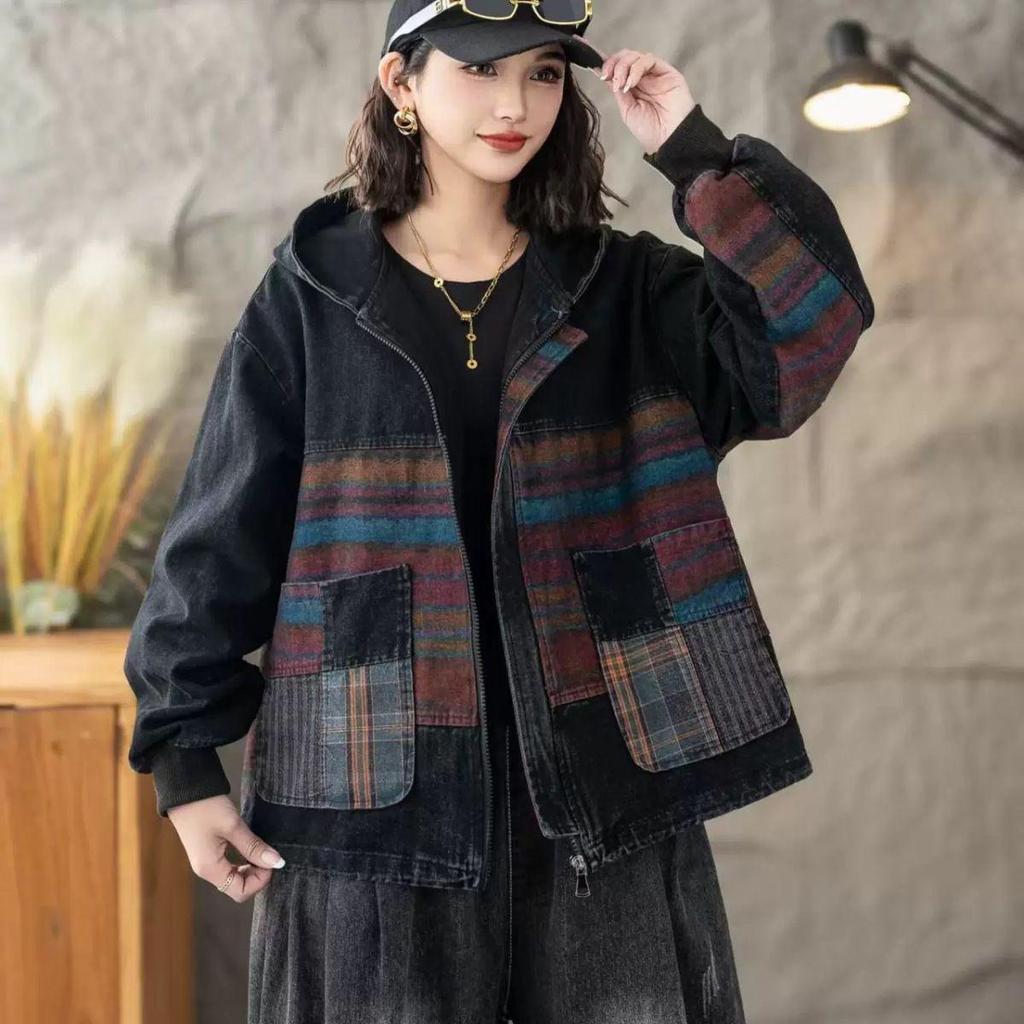 Damska kurtka dżinsowa z kapturem w stylu retro z nadrukiem, wiosenno-jesienna, luźna, casualowa, krótki kardigan, top