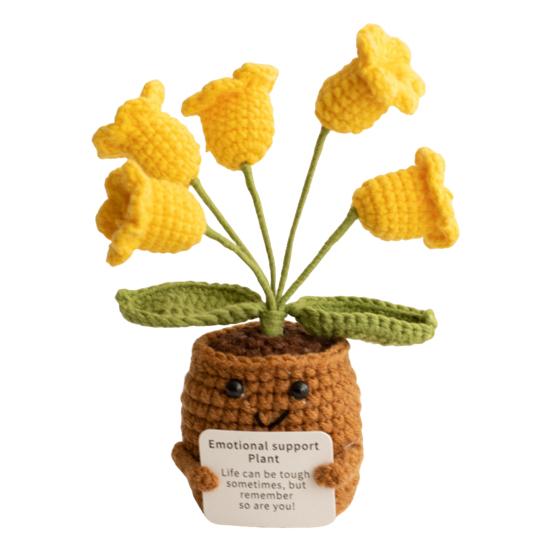 Heklet potteplante med positivt kort Emosjonell støtte Håndlaget strikket potteplante Dukke Stressreduserende leketøy Skrivebordsdekorasjon Ornament