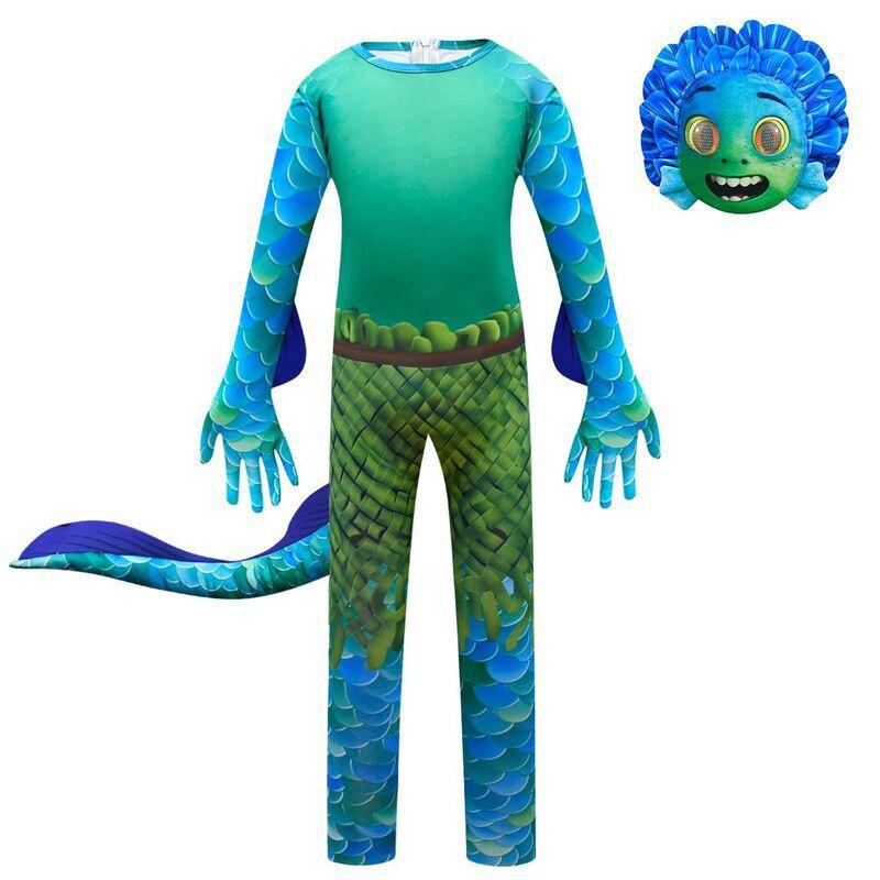 Moive Luca Kids Jumpsuit Mask Gloves Cosplay Costume Fancy Halloween Up Dress