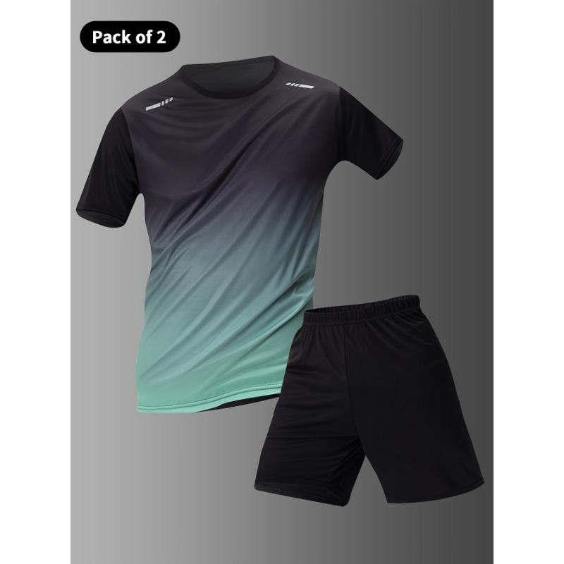 

2-piece Men s Casual Sportswear Set, Gradient Short Sleeve Crew Neck T-shirt & Solid Elastic Waist Shorts For Summer Sports Activities XXL