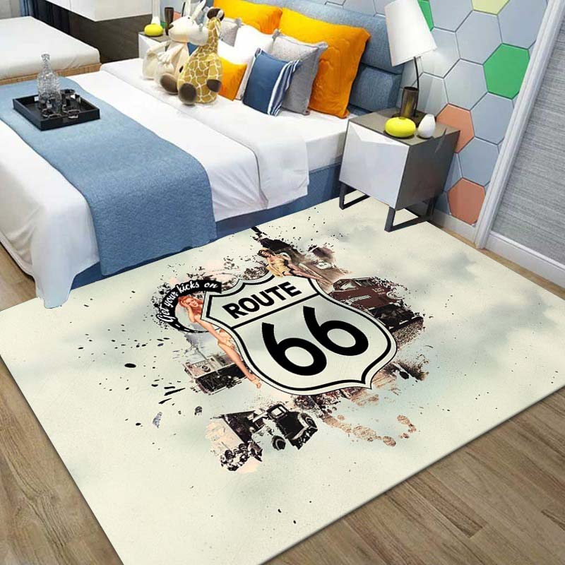 15 Sizes Route 66,Mother Road Sign Pattern Area Rug,Carpet for Home Living Room Bedroom Sofa Doormat Decor,Non-slip Floor Mat