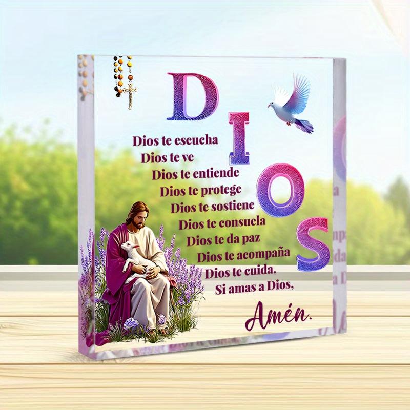 2D Flat, Bohemian Style Spanish "Dios" Prayer Acrylic Desktop Decoration Plaque, Jesus, Lamb, Suitable for wall Decoration, porch, Room, Villa, accent
